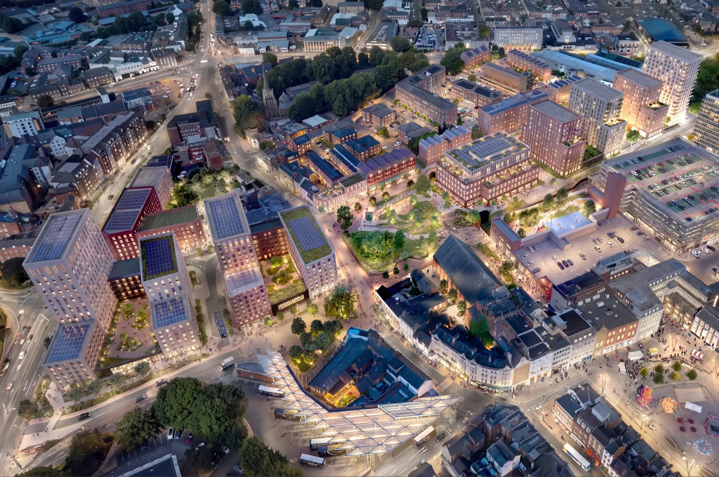A computer-generated aerial view at dusk of the proposed Greyfriars scheme in Northampton town centre, showing new apartment blocks, a central green space and the existing streets around the Market Square
