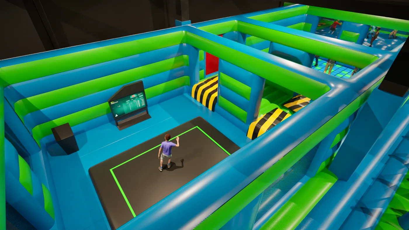 A render looking down into an enclosed inflatable room with a dark floor marked out in green, a screen on the wall and striped yellow and black obstacles