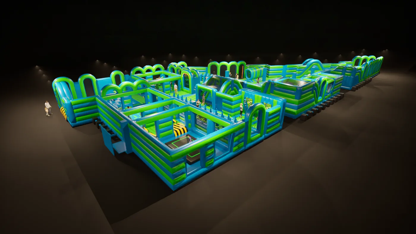 A second overhead render of the inflatable course from a different angle, showing its long connected sections