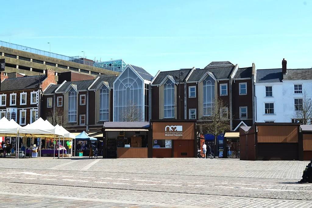 The east side of Northampton Market Square in April 2026. Last winter's covered rink stood on the square from 4 December to 4 January.